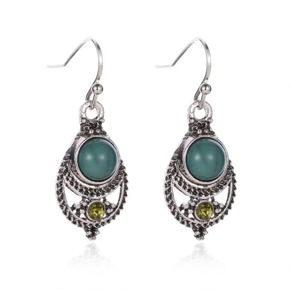 Silver Turquoise Amber Boho Glam Drop Earrings - Picture 2 of 4